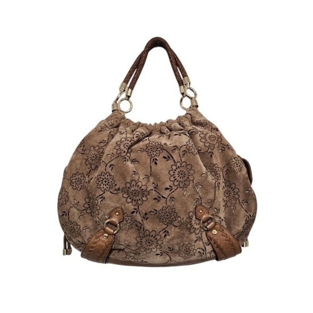 Cole Haan H06 Floral Eyelet Leather Hobo Bag Large Tan Suede  Boho Y2K Slouchy ~